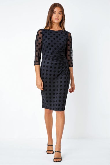 Roman Black Polka Dot Ruched Stretch Dress
