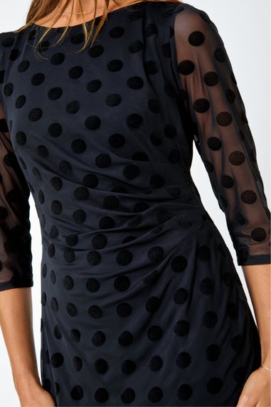 Roman Black Polka Dot Ruched Stretch Dress