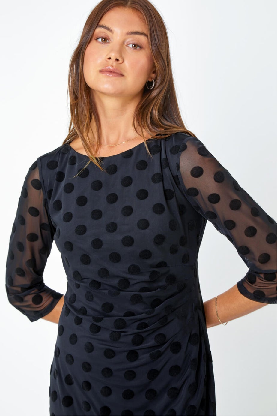 Roman Black Polka Dot Ruched Stretch Dress
