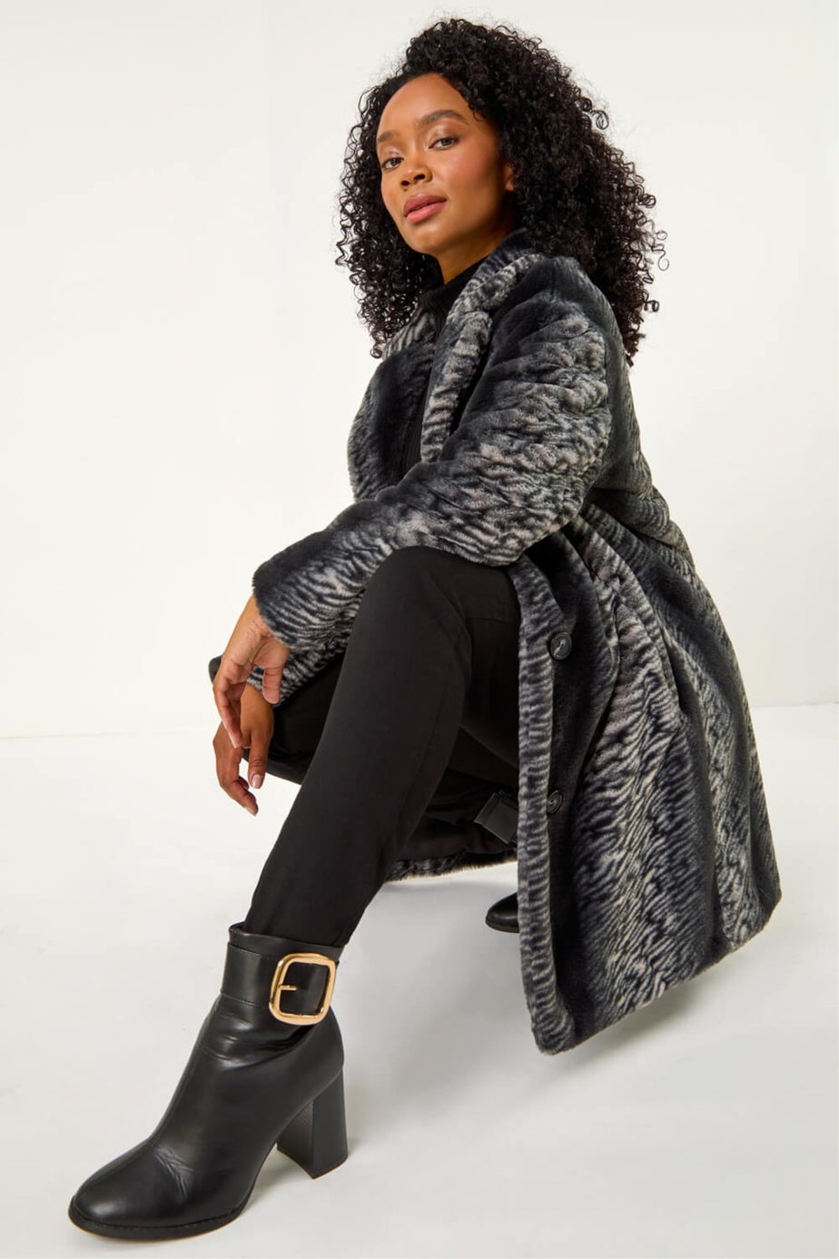 Roman Black Petite Animal Faux Fur Collar Coat