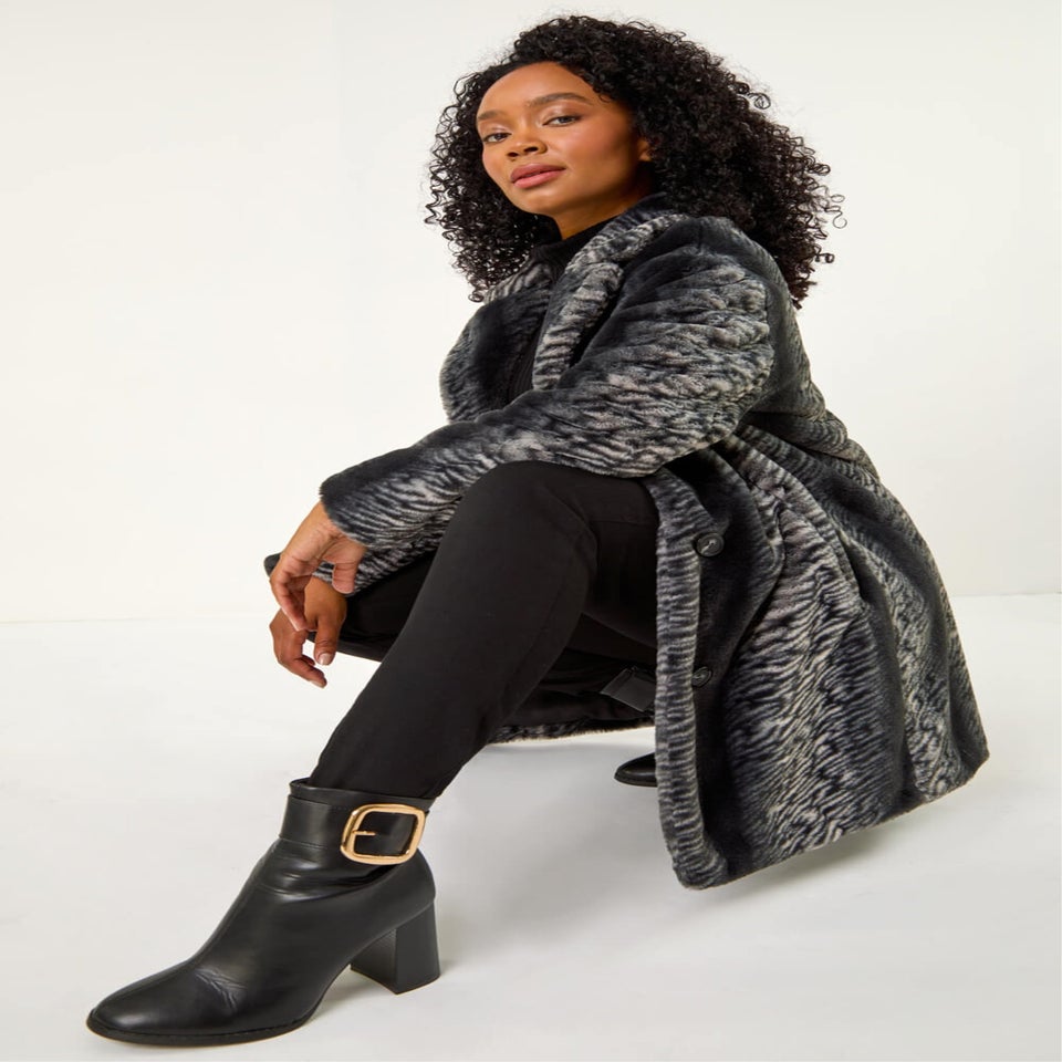 Roman Black Petite Animal Faux Fur Collar Coat