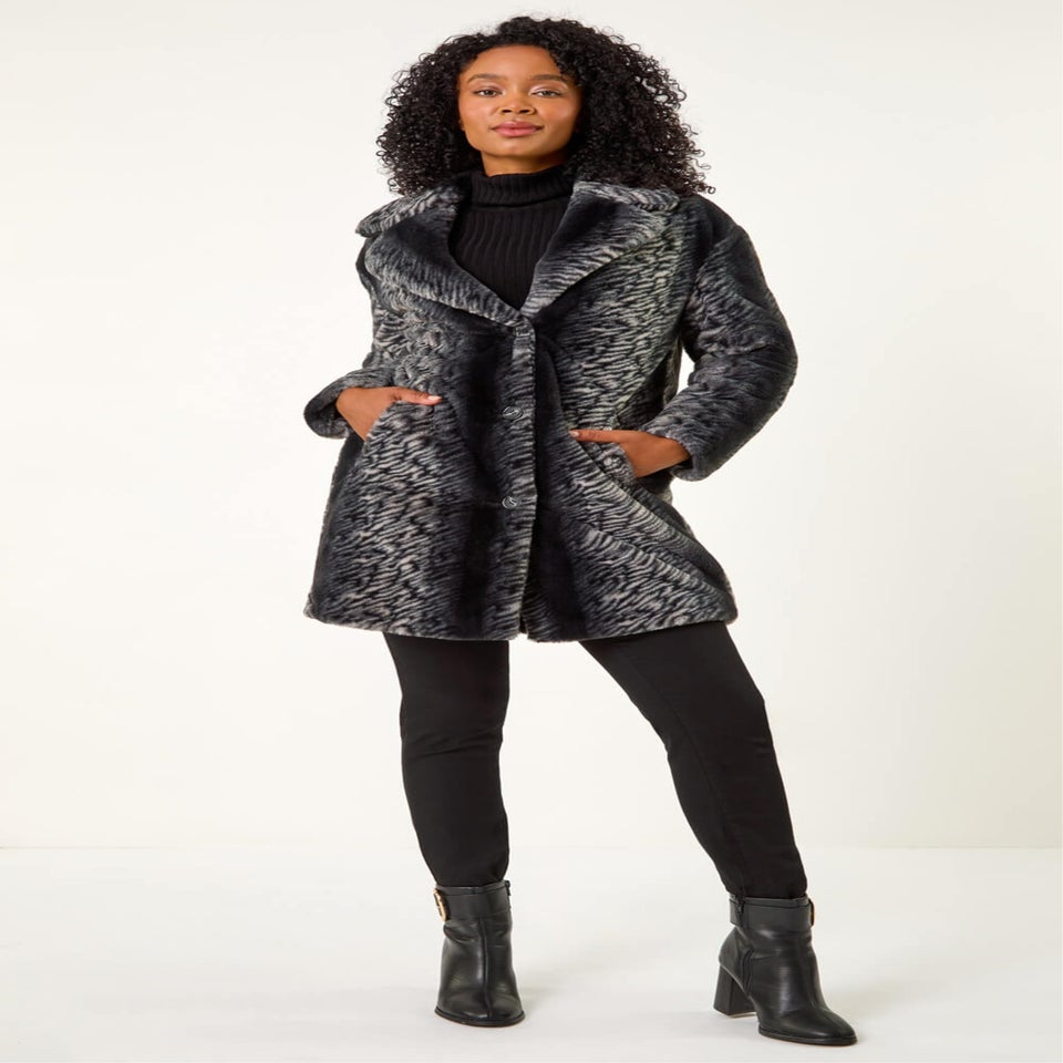 Roman Black Petite Animal Faux Fur Collar Coat