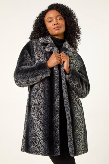 Roman Black Petite Animal Faux Fur Collar Coat