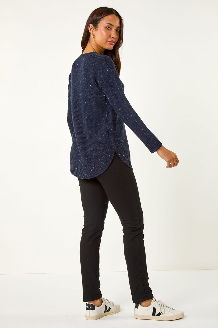 Roman Midnight Blue Nep Fabric Curved Hem Jumper