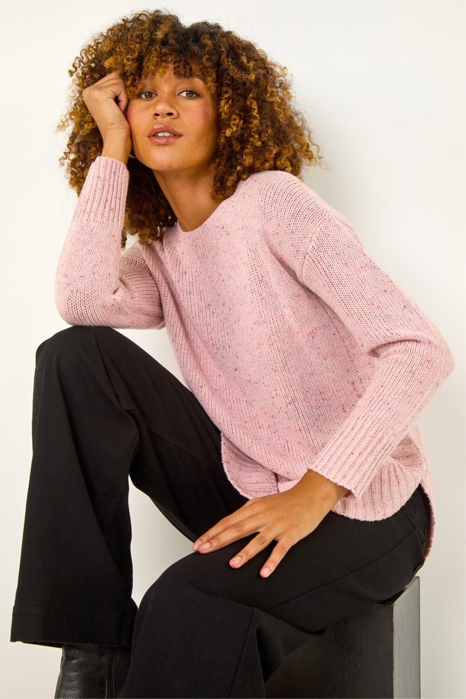 Roman Light Pink Nep Fabric Curved Hem Jumper