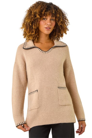 Roman Biscuit Blanket Stitch Collared Jumper