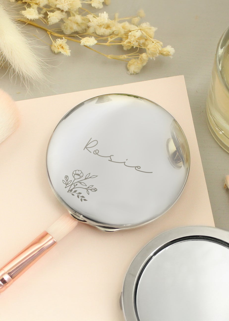 Personalised Memento Company Silver Floral Round Compact Mirror