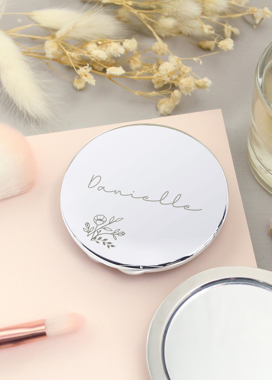 Personalised Memento Company Silver Floral Round Compact Mirror