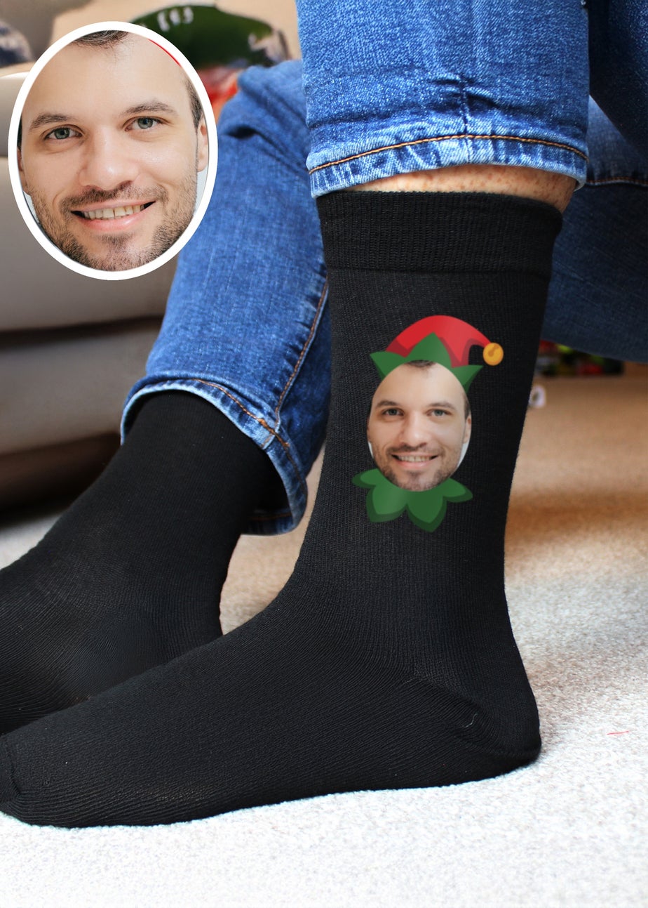 Personalised Memento Company Black Photo Upload Elf Christmas Socks