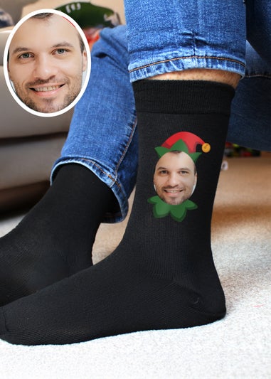 Personalised Memento Company Black Photo Upload Elf Christmas Socks