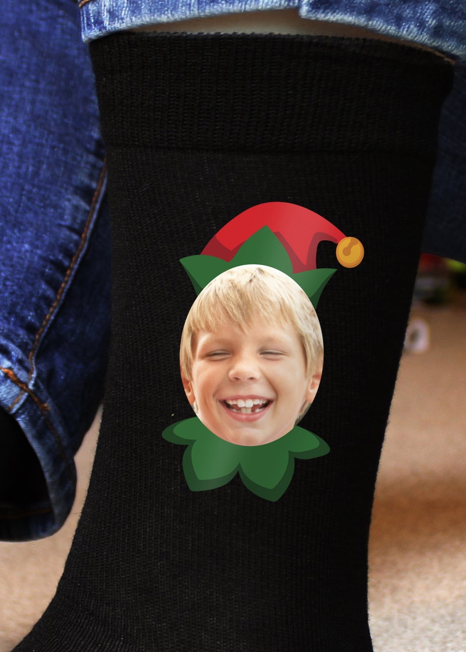 Personalised Memento Company Black Photo Upload Elf Christmas Socks