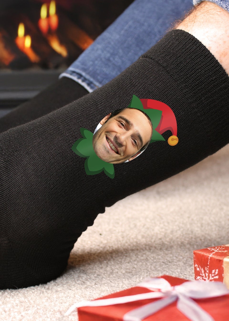 Personalised Memento Company Black Photo Upload Elf Christmas Socks