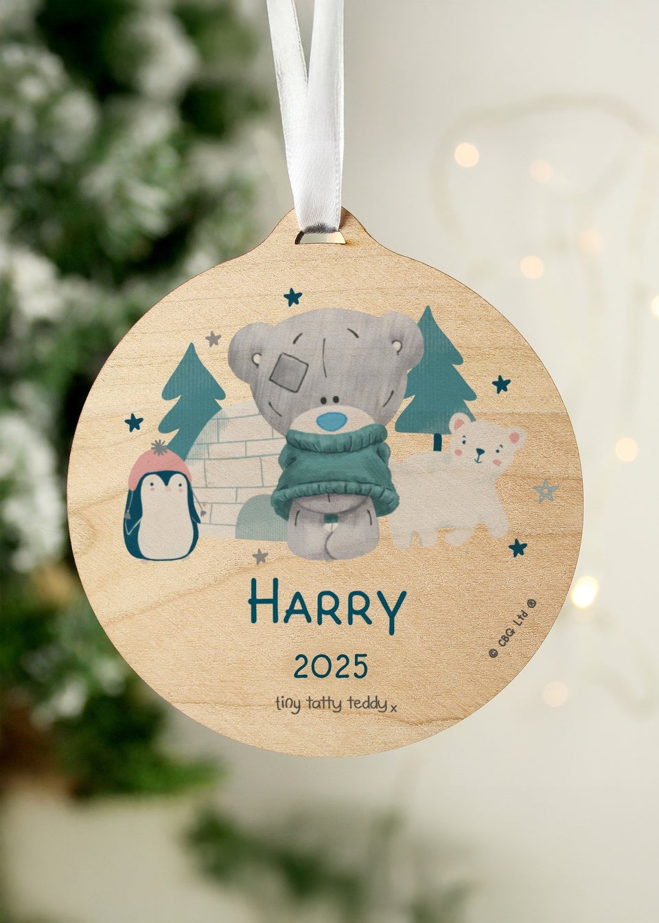 Personalised Memento Company Brown Winter Explorer Tiny Tatty Teddy Round Wooden Decoration