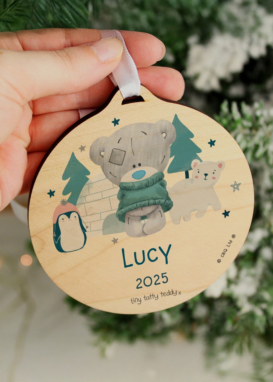 Personalised Memento Company Brown Winter Explorer Tiny Tatty Teddy Round Wooden Decoration