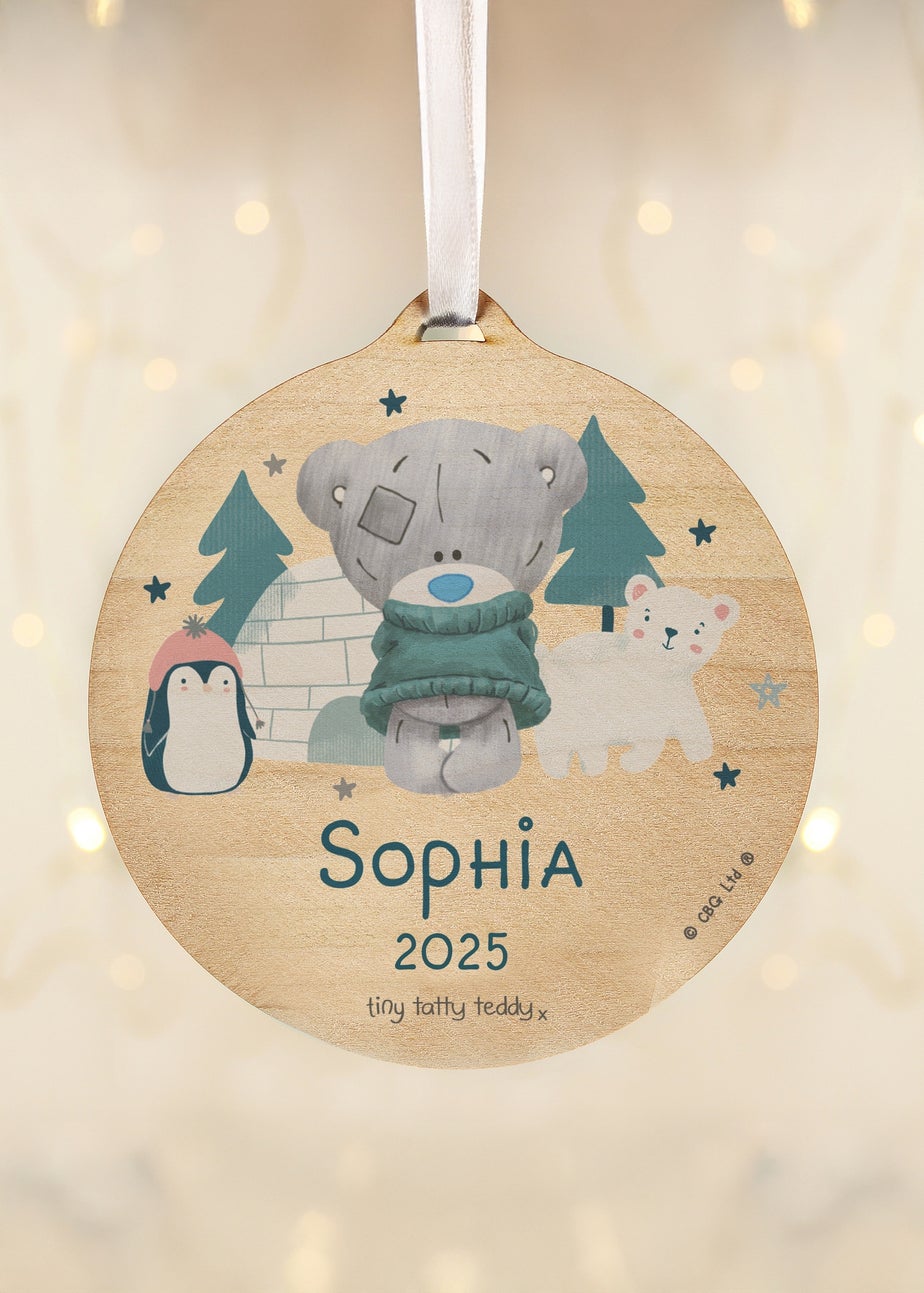 Personalised Memento Company Brown Winter Explorer Tiny Tatty Teddy Round Wooden Decoration