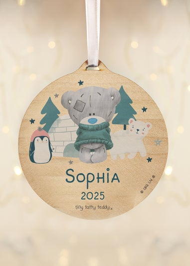 Personalised Memento Company Brown Winter Explorer Tiny Tatty Teddy Round Wooden Decoration