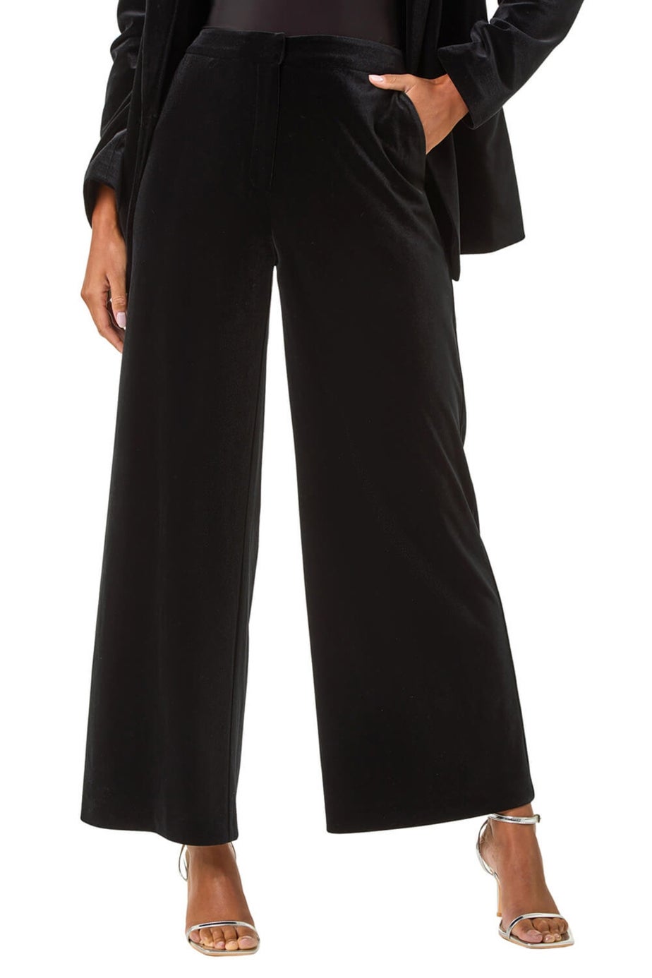 Roman Black Velvet Wide Leg Pocket Stretch Trouser