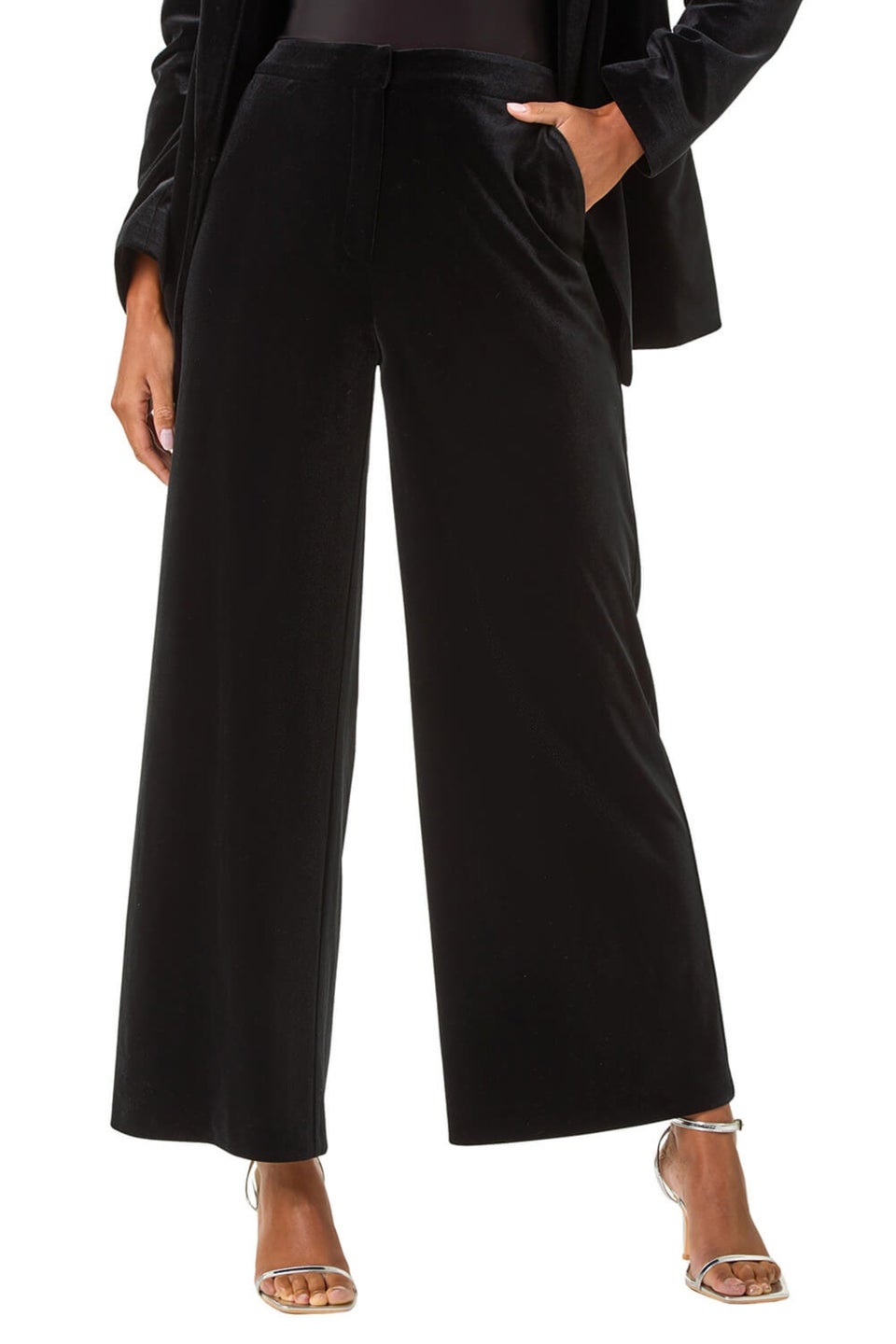Roman Black Velvet Wide Leg Pocket Stretch Trouser
