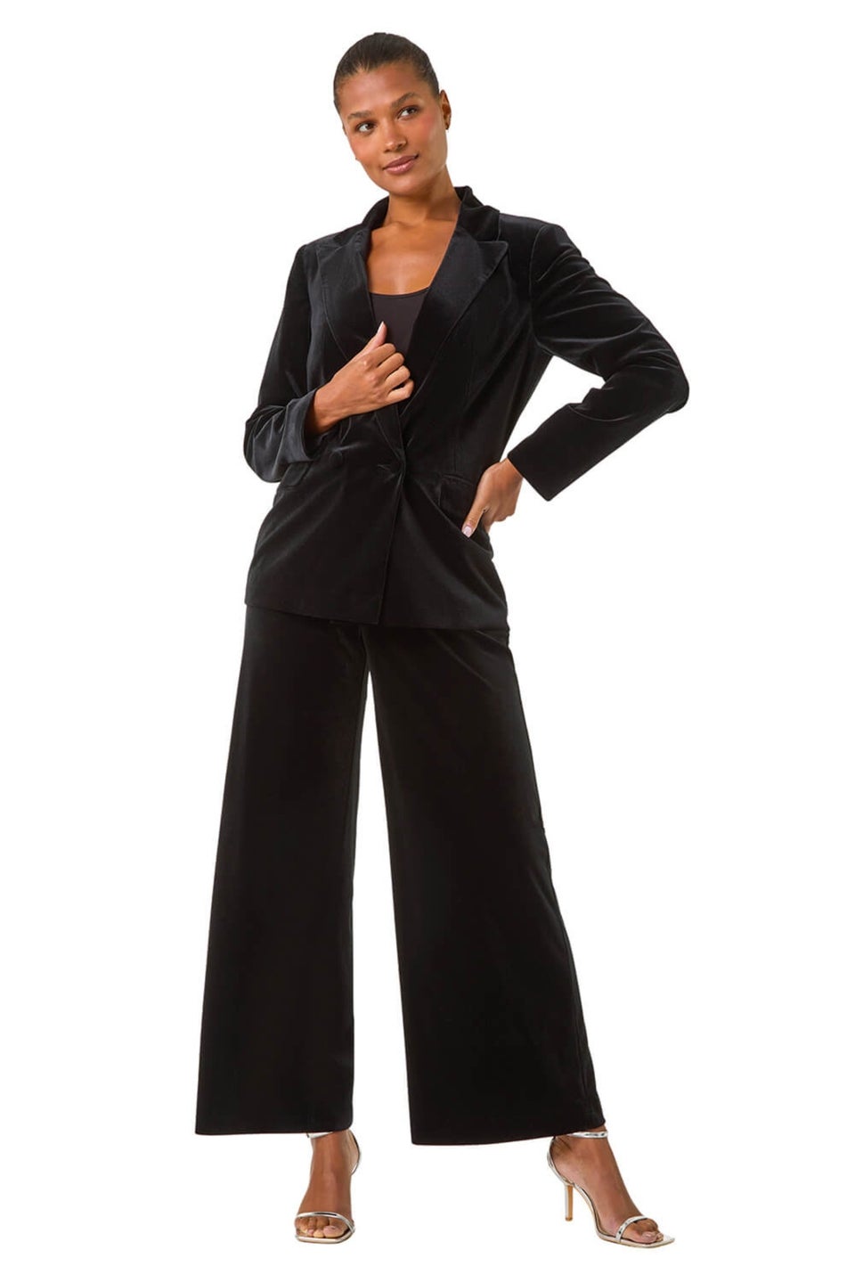 Roman Black Velvet Wide Leg Pocket Stretch Trouser