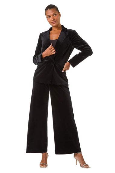 Roman Black Velvet Wide Leg Pocket Stretch Trouser