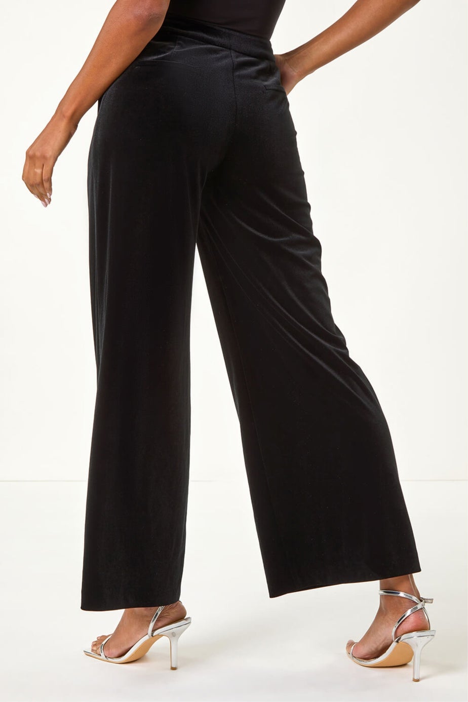 Roman Black Velvet Wide Leg Pocket Stretch Trouser