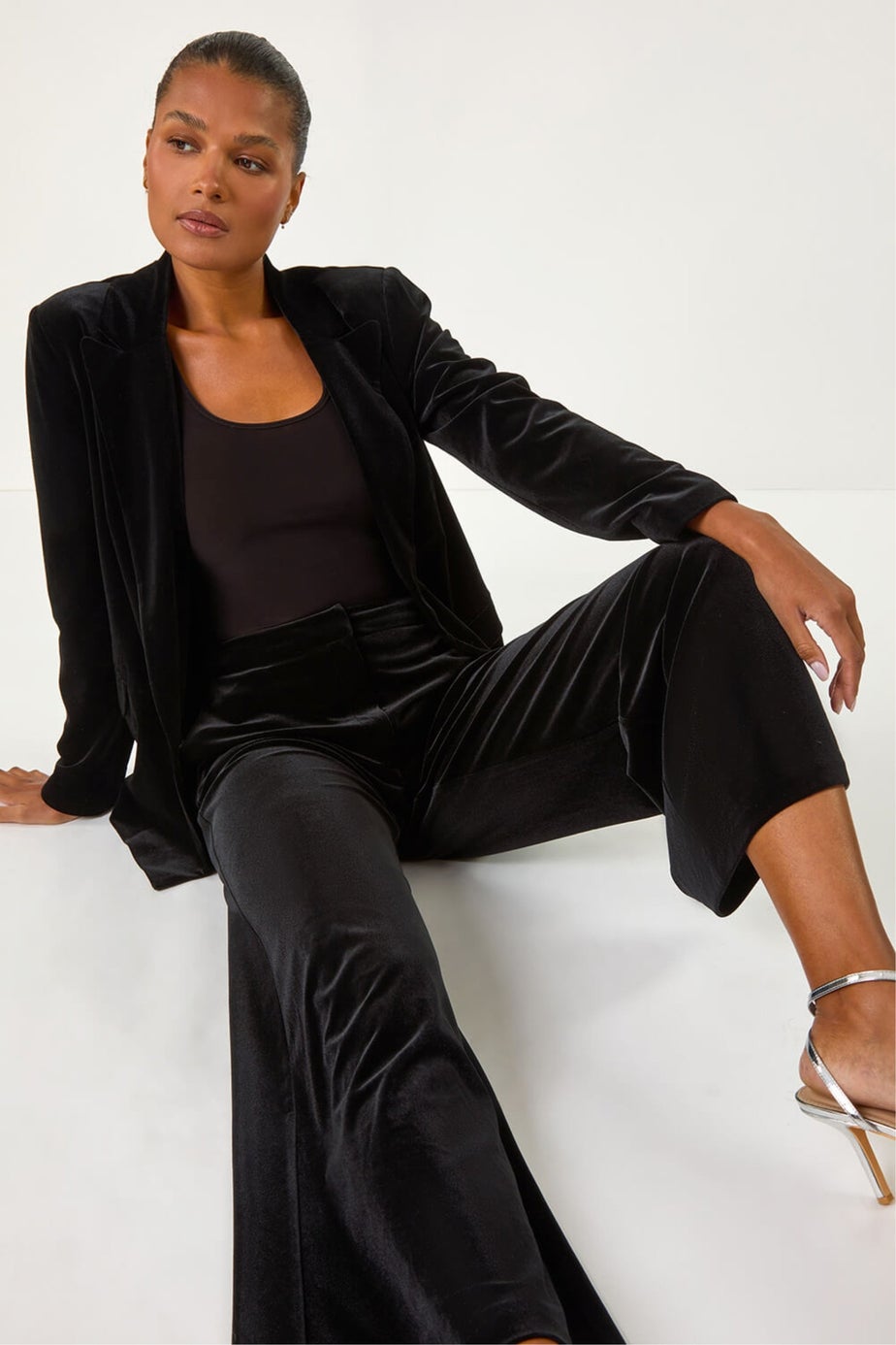 Roman Black Velvet Wide Leg Pocket Stretch Trouser