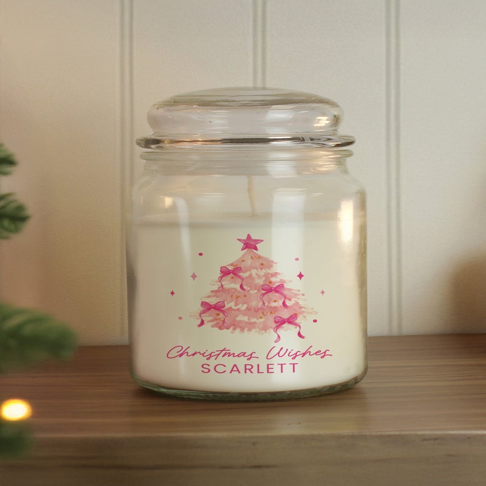 Personalised Memento Company White Pink Christmas Tree Large Candle Jar