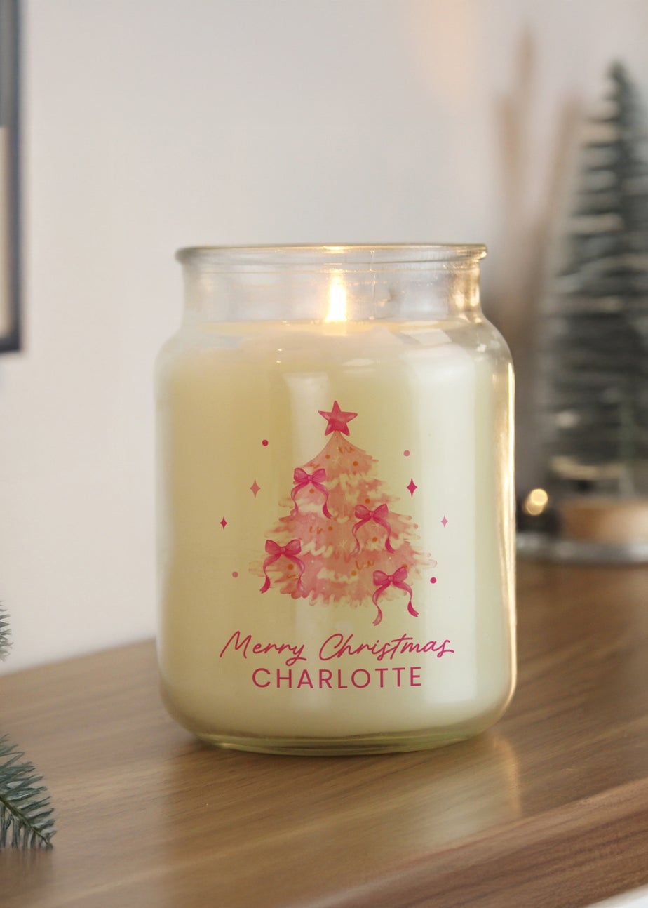 Personalised Memento Company White Pink Christmas Tree Large Candle Jar
