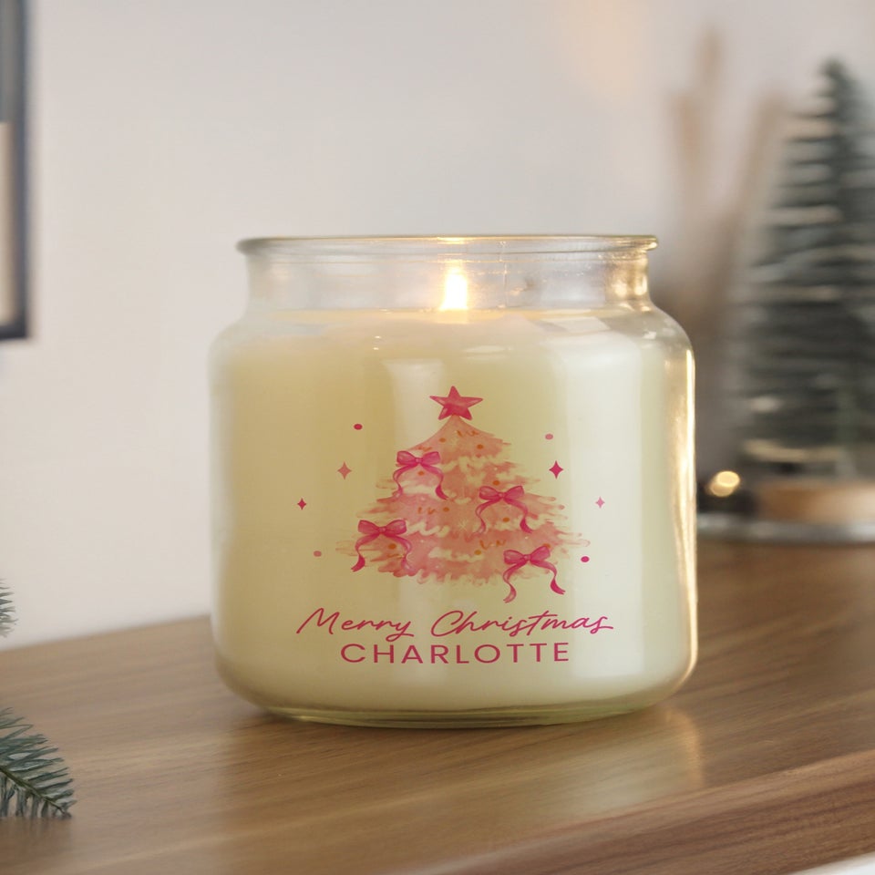Personalised Memento Company White Pink Christmas Tree Large Candle Jar