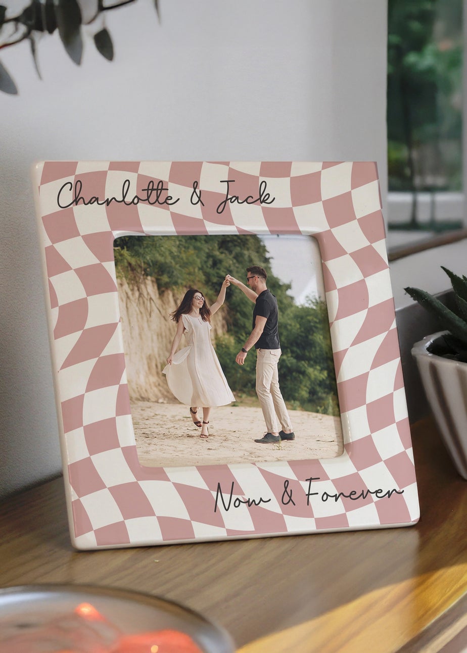 Personalised Memento Company White Pink Checkerboard Ceramic 4x4 Frame