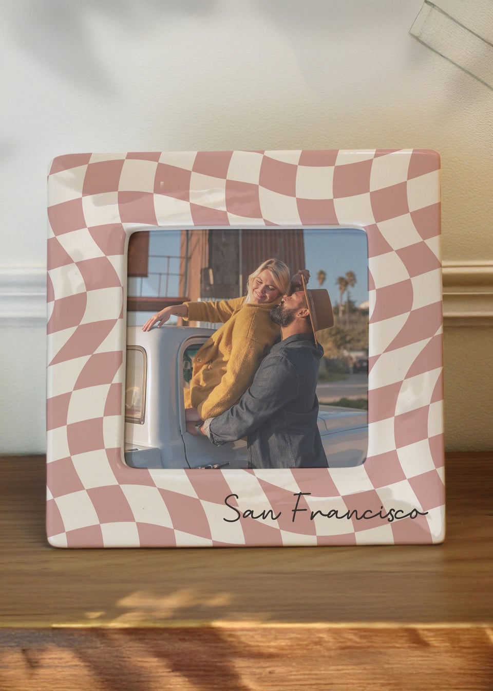 Personalised Memento Company White Pink Checkerboard Ceramic 4x4 Frame