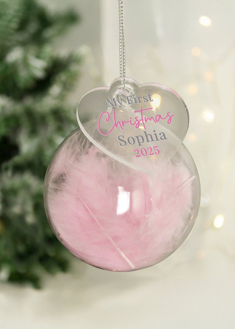 Personalised Memento Company Pink My 1st Christmas Feather Bauble