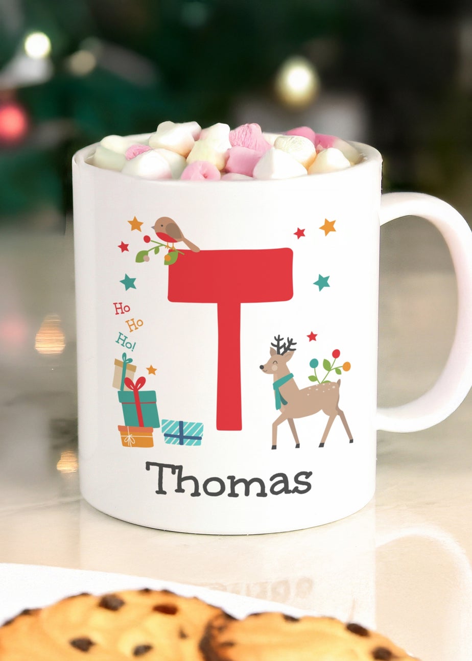 Personalised Memento Company White Initial Reindeer Christmas Plastic Mug