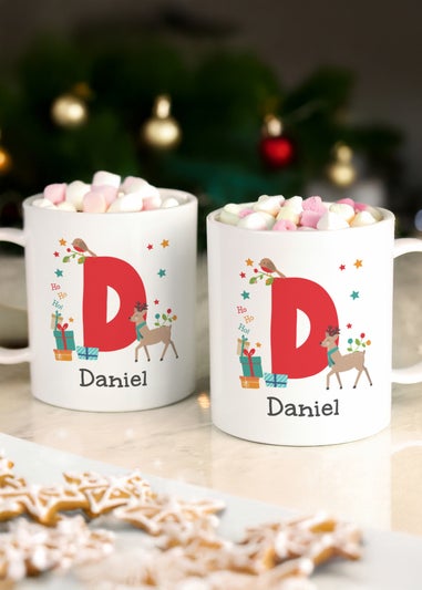 Personalised Memento Company White Initial Reindeer Christmas Plastic Mug