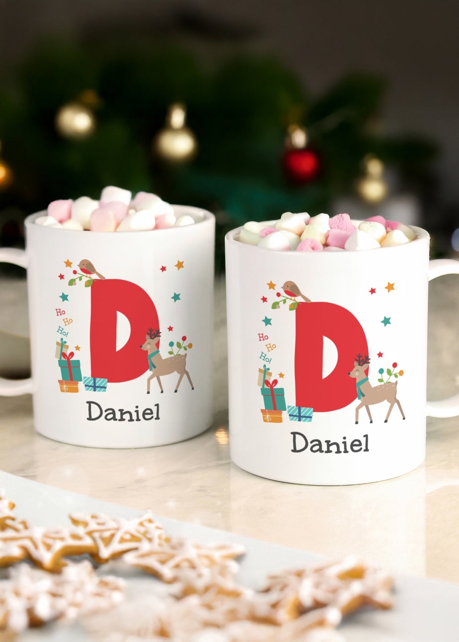 Personalised Memento Company White Initial Reindeer Christmas Plastic Mug