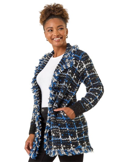 Roman Navy Check Fringe Knit Cardigan