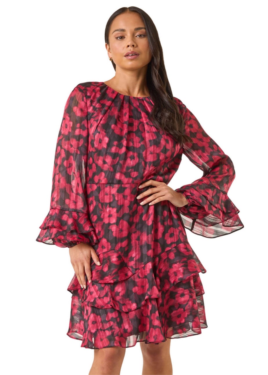Roman Black Petite Paisley Print Frill Dress