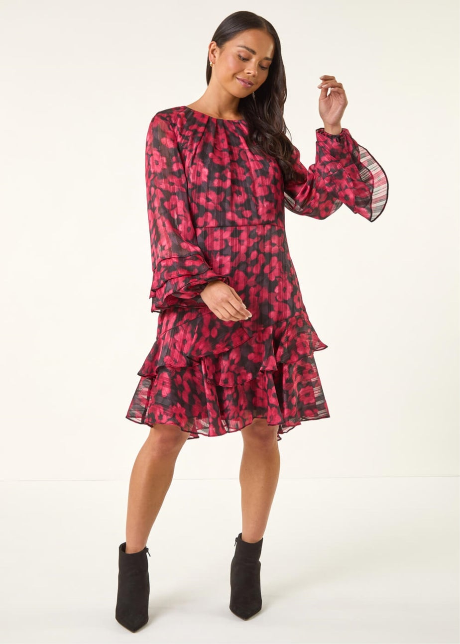 Roman Black Petite Paisley Print Frill Dress
