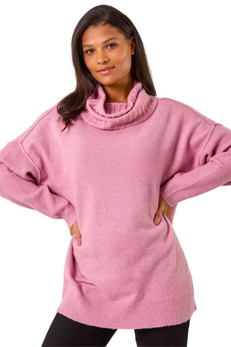 Roman Light Pink Relaxed Roll Neck Jumper