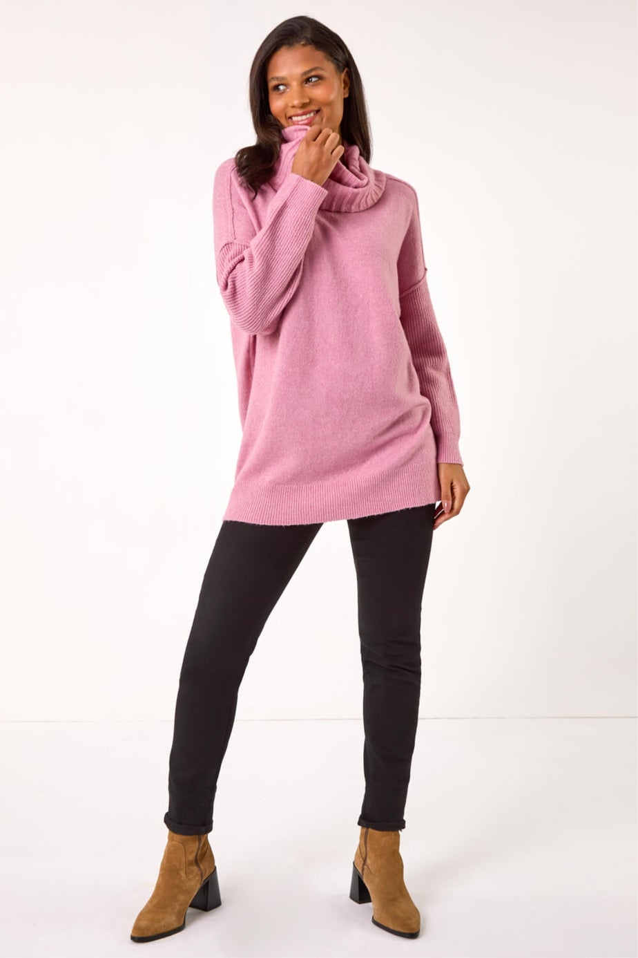 Roman Light Pink Relaxed Roll Neck Jumper