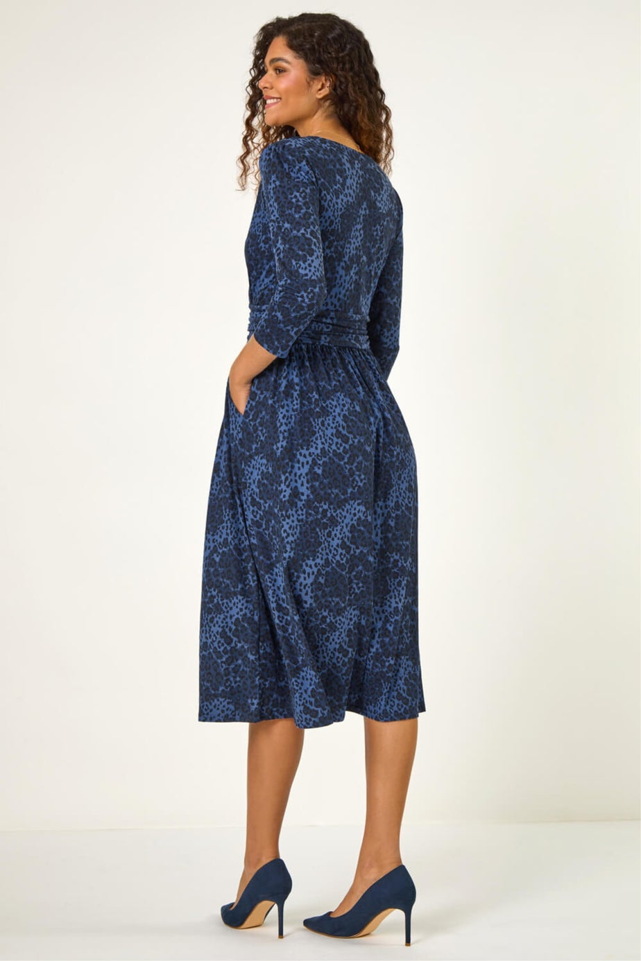 Roman Blue Animal Print Mock Wrap Midi Dress