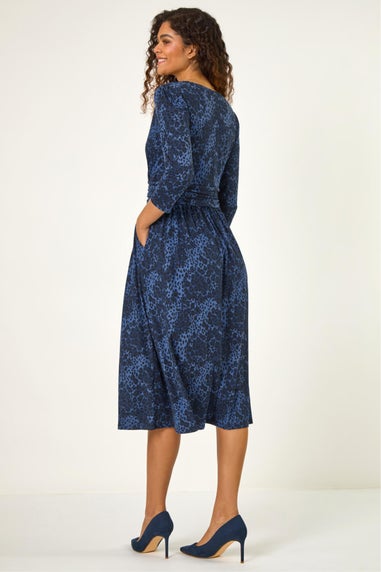 Roman Blue Animal Print Mock Wrap Midi Dress