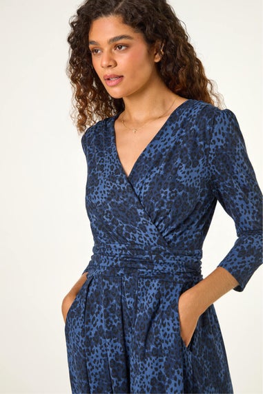 Roman Blue Animal Print Mock Wrap Midi Dress