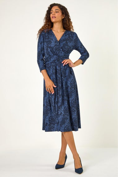 Roman Blue Animal Print Mock Wrap Midi Dress