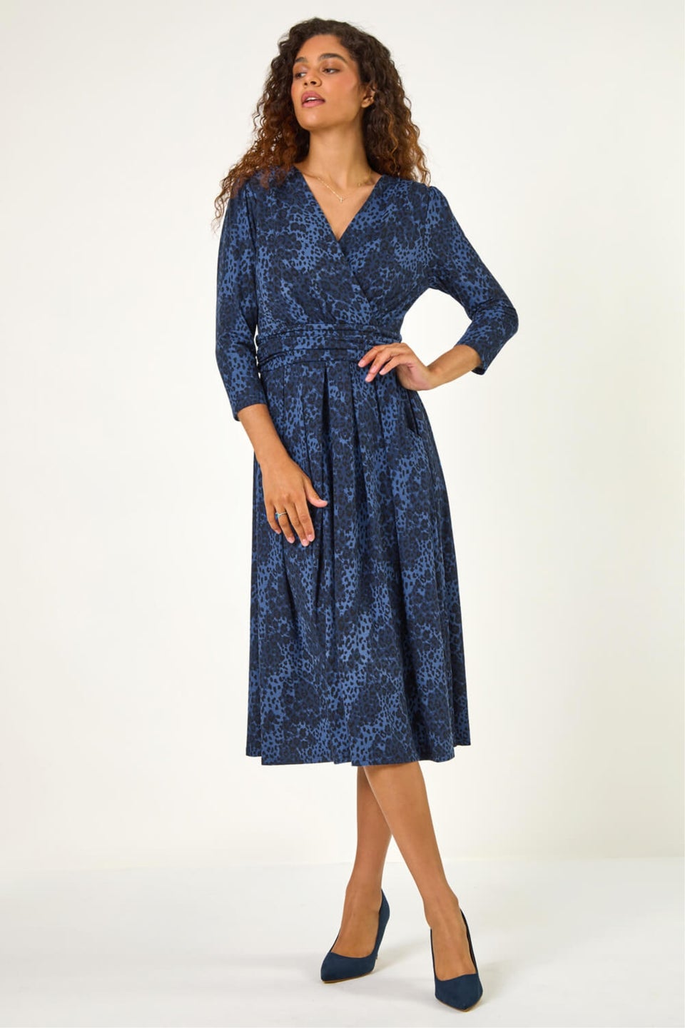 Roman Blue Animal Print Mock Wrap Midi Dress