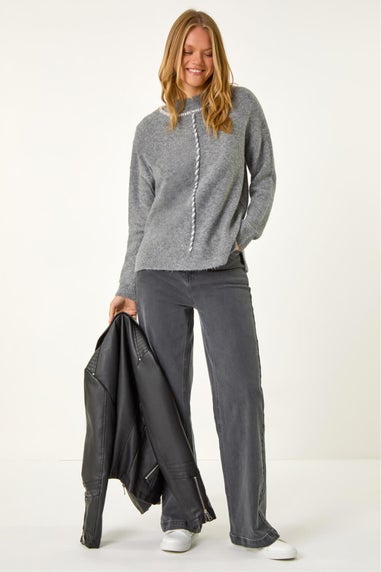 Roman Grey Funnel Neck Seam Detail Jumper
