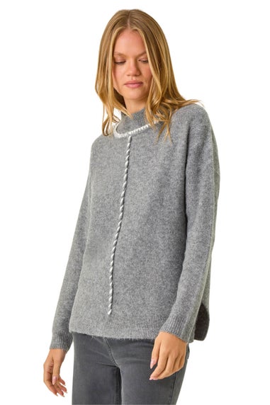 Roman Grey Funnel Neck Seam Detail Jumper