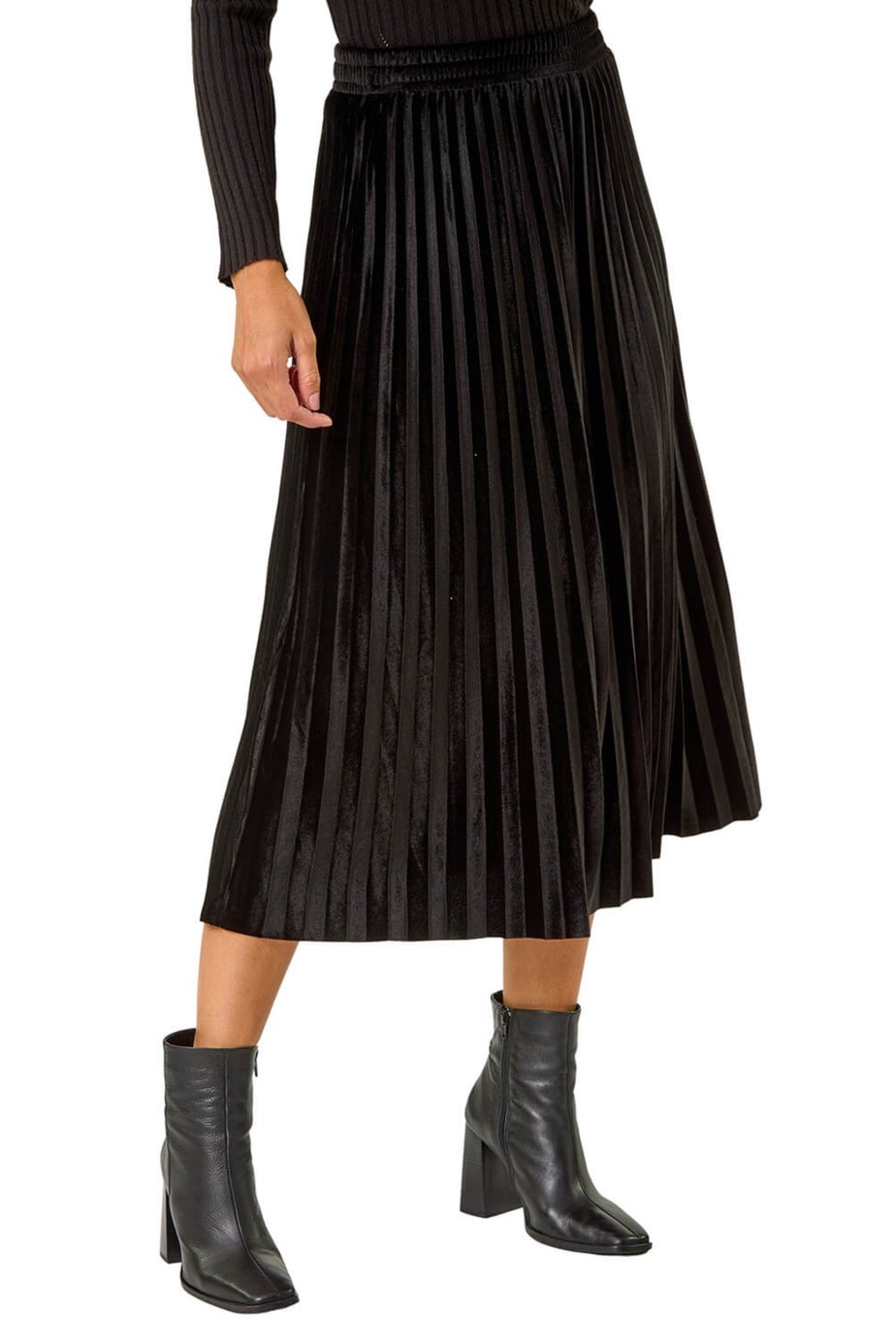 Roman Black Velvet Pleated Midi Skirt