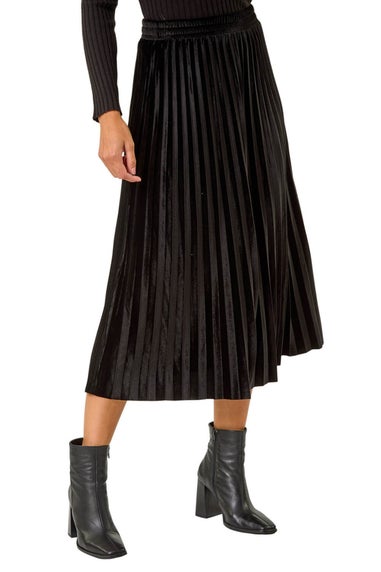 Roman Black Velvet Pleated Midi Skirt