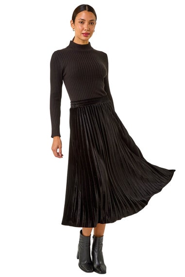 Roman Black Velvet Pleated Midi Skirt